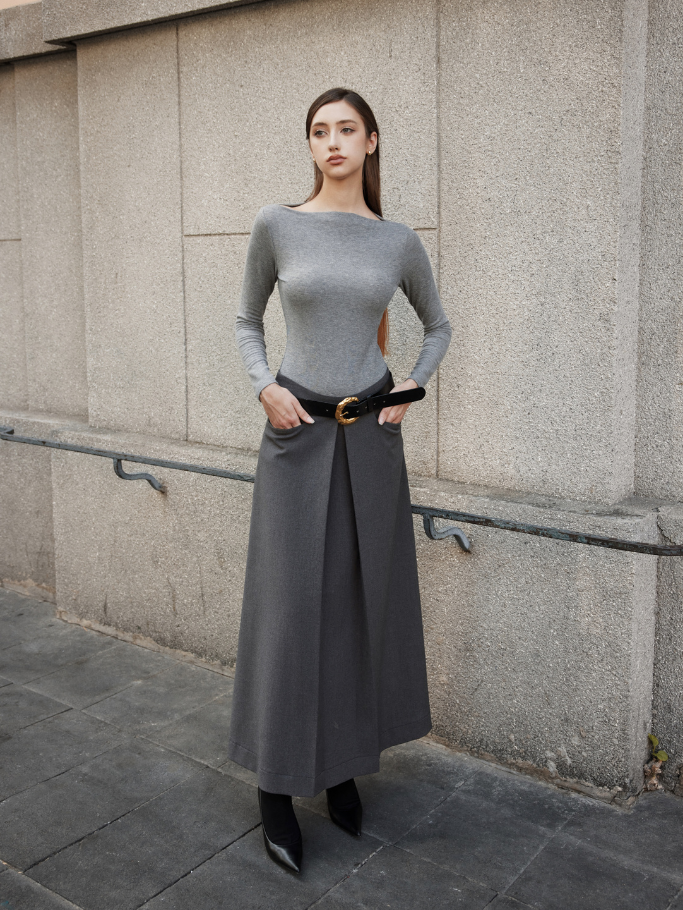 Grey Pleated Midi Skirt